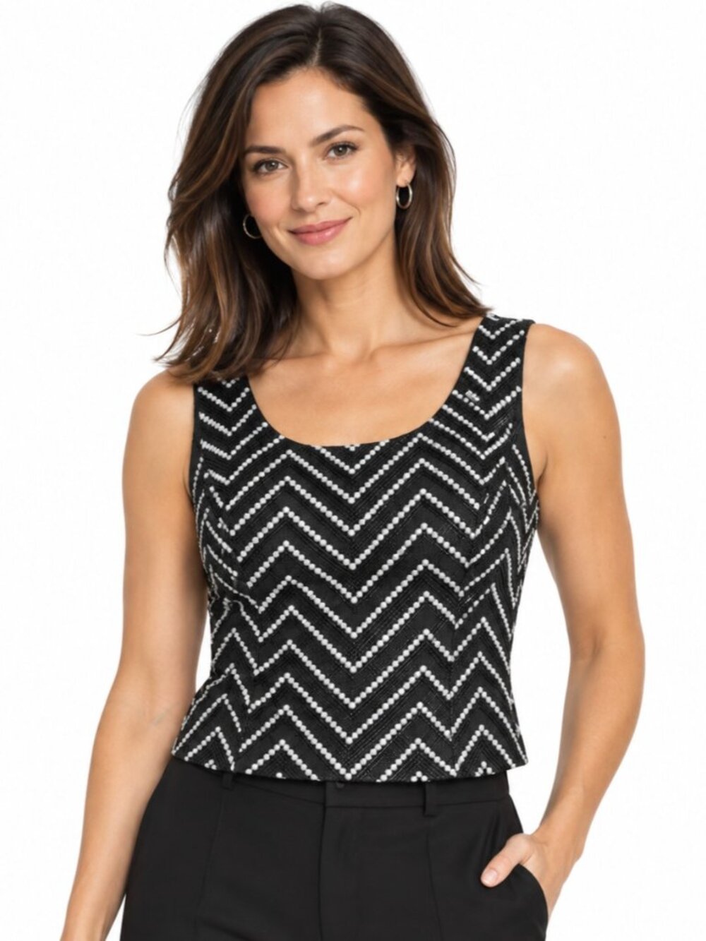 Kasper ASL Black Plaid White Pearl Sleeveless Top